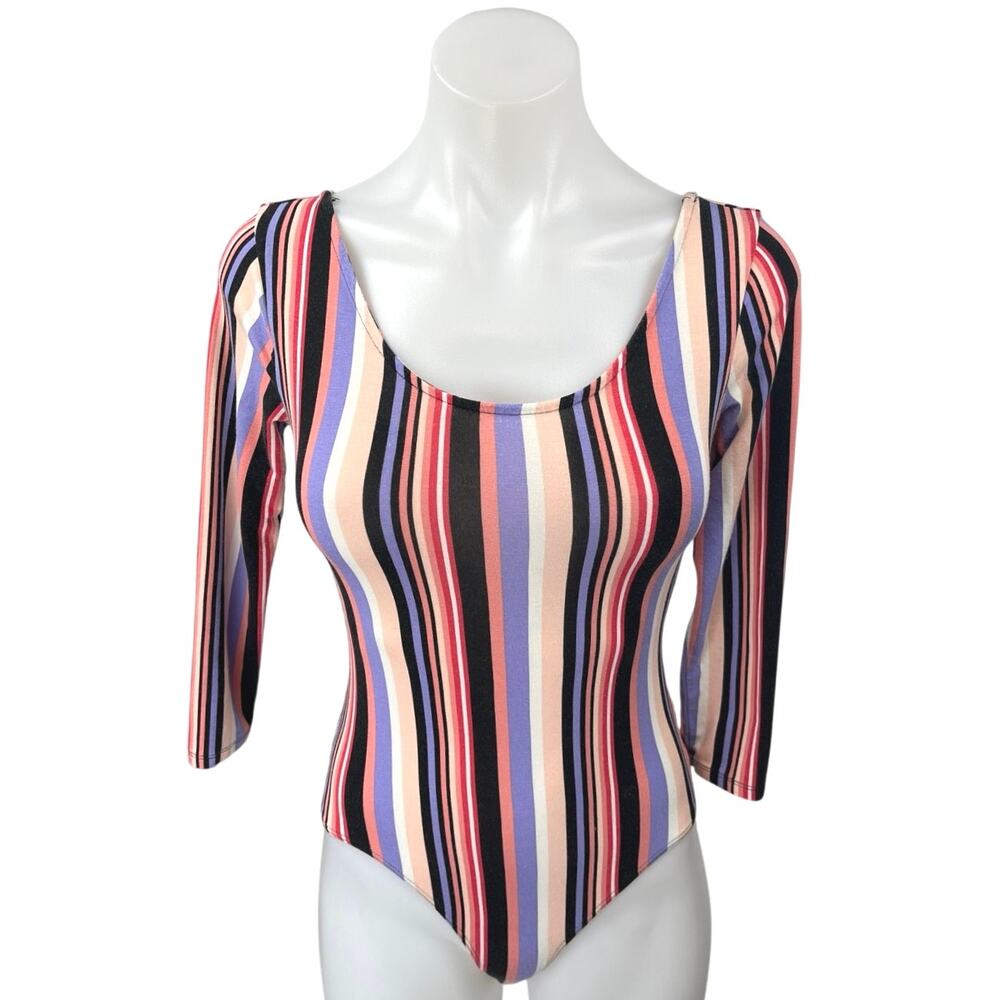 Forever 21 Women's Multicolor Striped 3/4 Sleeve Scoop Neck Bodysuit Top Size S